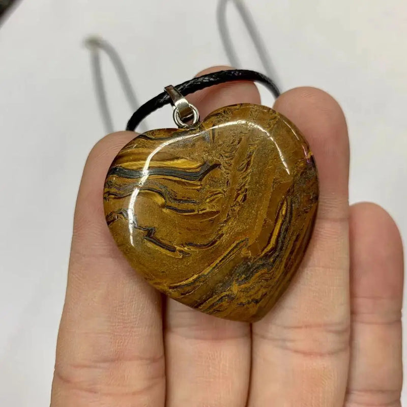 Heart Shape Iron Tiger Eye Necklace Pendant Natural Gemstone Jewelry