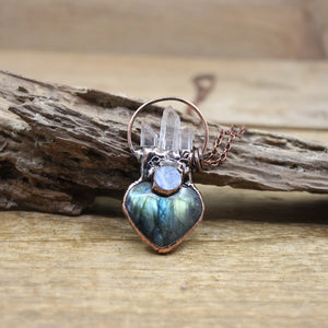 Labradorite Heart Pendant Antique Copper Crystal Necklace