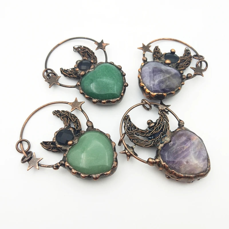 Heart Shape Green Adventurine Pendant Moon Star Necklace Choker