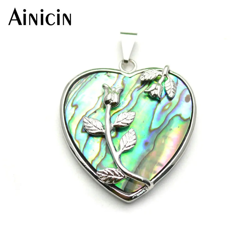 Heart Shape Rose Flower Abalone Shell Pendant Silver Party Jewelry Women Girls