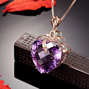 Heart Shaped Amethyst Pendant, Rose Plated Stone Necklace