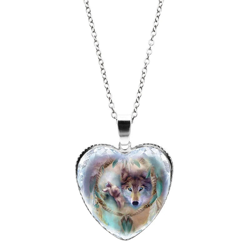 Crystal Glass Wolf Totem Pendant Necklace Women's Metal Animal Jewelry