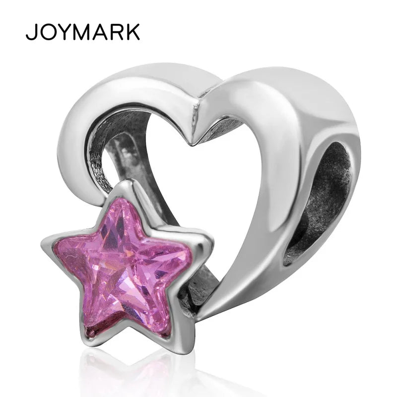 Heart-Shaped Pink Zircon Pentagram 925 Silver Beads