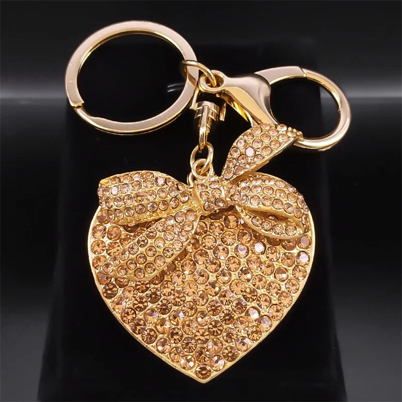 Heart Crystal Bowknot Key Chain for Women Rhinestone Key Ring Jewelry