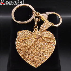 Heart Crystal Bowknot Key Chain for Women Rhinestone Key Ring Jewelry