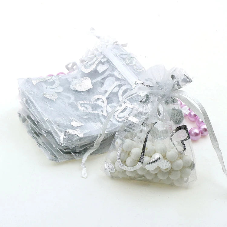 Heart Silver Bronzing Organza Jewelry Packaging Gift Bags 100pcs/lot