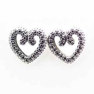 Heart Swirls Stud Earrings Pave Stone Crystal Girl Earrings 925 Sterling Silver