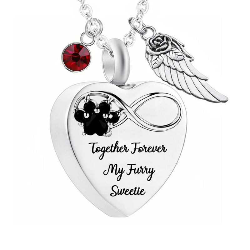 Dog Paw Heart Urn Necklace with Birthstone Keepsake