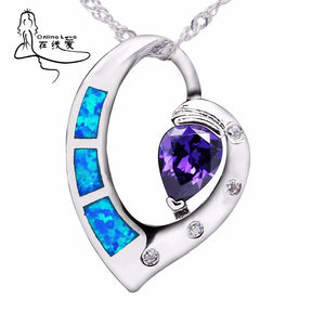 Heart of Sea Silver Plated Opal & Purple CZ Charm Pendant Necklace