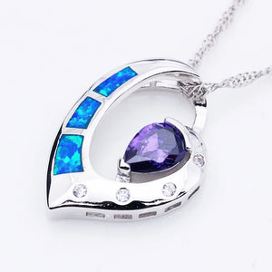 Heart of Sea Silver Plated Opal & Purple CZ Charm Pendant Necklace
