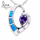 Heart of Sea Silver Plated Opal & Purple CZ Charm Pendant Necklace