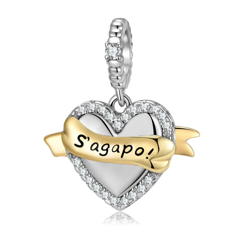 S925 Heart Ribbon Crystal Charm for Women Bracelet Necklace
