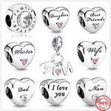 Family Love Heart Charms Beads for DIY 925 Silver Bracelet Jewelry