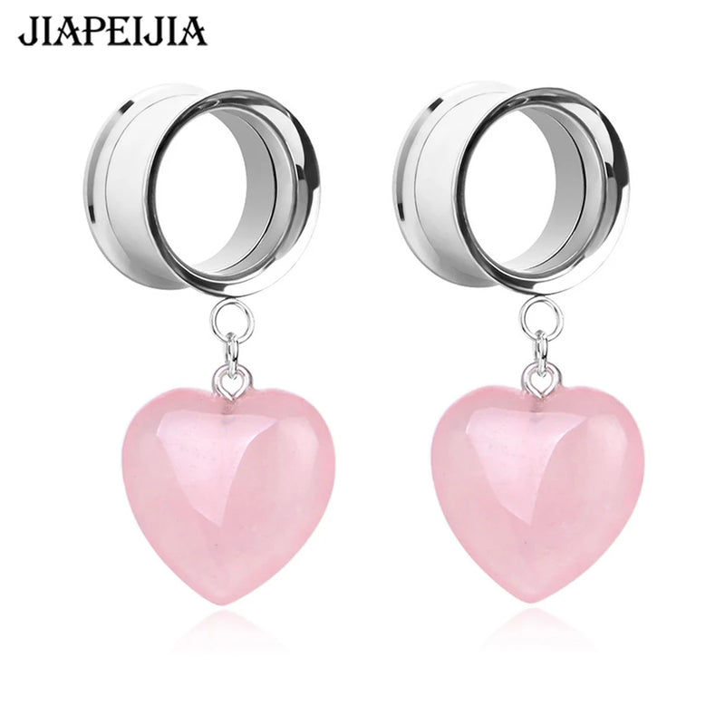 Heart Natural Crystal Pendant Ear Gauges Tunnel Plugs Expander Jewelry