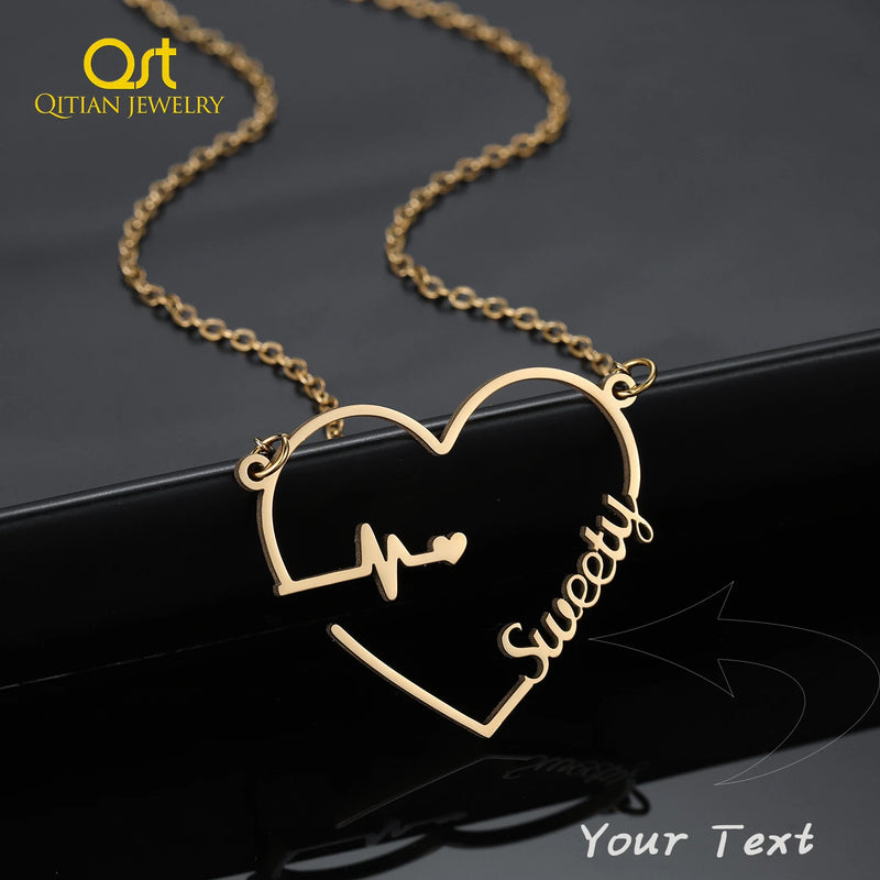 Custom Heartbeat Name Necklace Gold Plated Stainless Steel Heart Necklaces