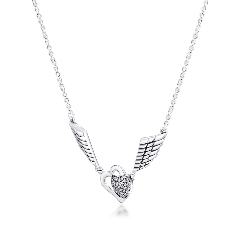 Sterling Silver Hearts & Angel Wings Necklace for Women