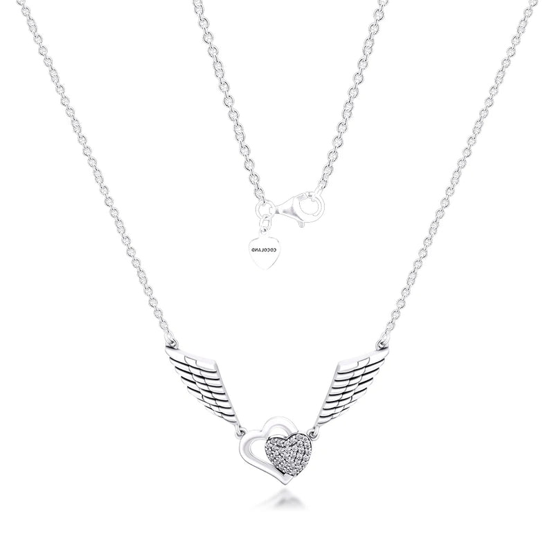Hearts & Angel Wings Necklace 925 Sterling Silver Jewelry for Women