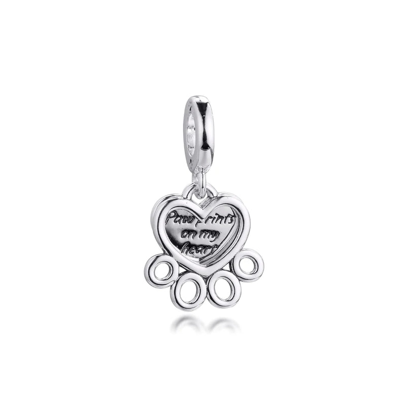 Heart & Paw Print Dangle Charm Sterling Silver DIY Beads For Jewelry Making