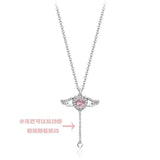 Hearts Wings Necklace Pink Rhinestone Women Long Heart Pendant Neck