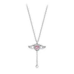 Hearts Wings Necklace Pink Rhinestone Women Long Heart Pendant Neck
