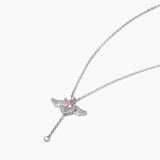 Hearts Wings Necklace Pink Rhinestone Women Long Heart Pendant Neck