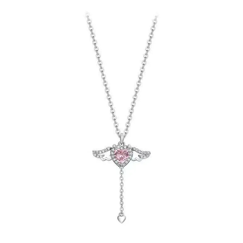Hearts Wings Necklace Pink Rhinestone Women Long Heart Pendant Neck