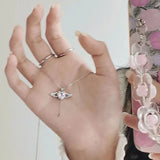 Hearts Wings Necklace Pink Rhinestone Women Long Heart Pendant Neck
