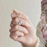 Hearts Wings Necklace Pink Rhinestone Women Long Heart Pendant Neck