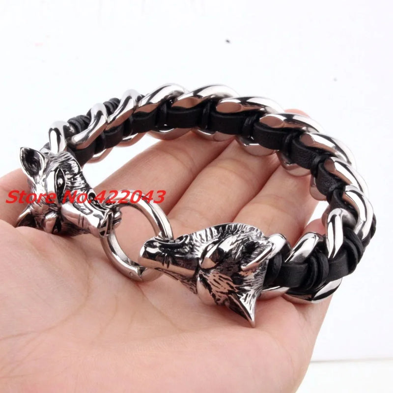 Men's Stainless Steel Wolf Head Bracelet Silver 8.66in