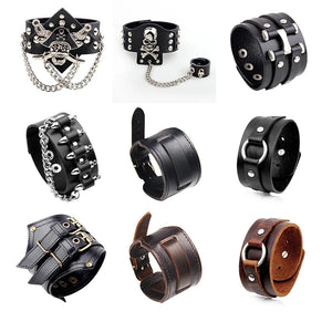 Heavy Metal Brown Leather Skull Bracelet Rock Statement Gothic Style Jewelry