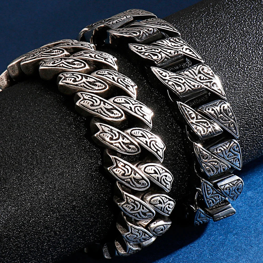 Heavy Stainless Steel Bracelet Men's Vintage Pattern Link Chain Hand Bracelets