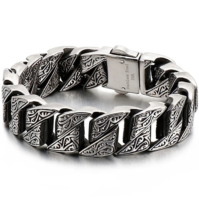 Heavy Stainless Steel Bracelet Men's Vintage Pattern Link Chain Hand Bracelets