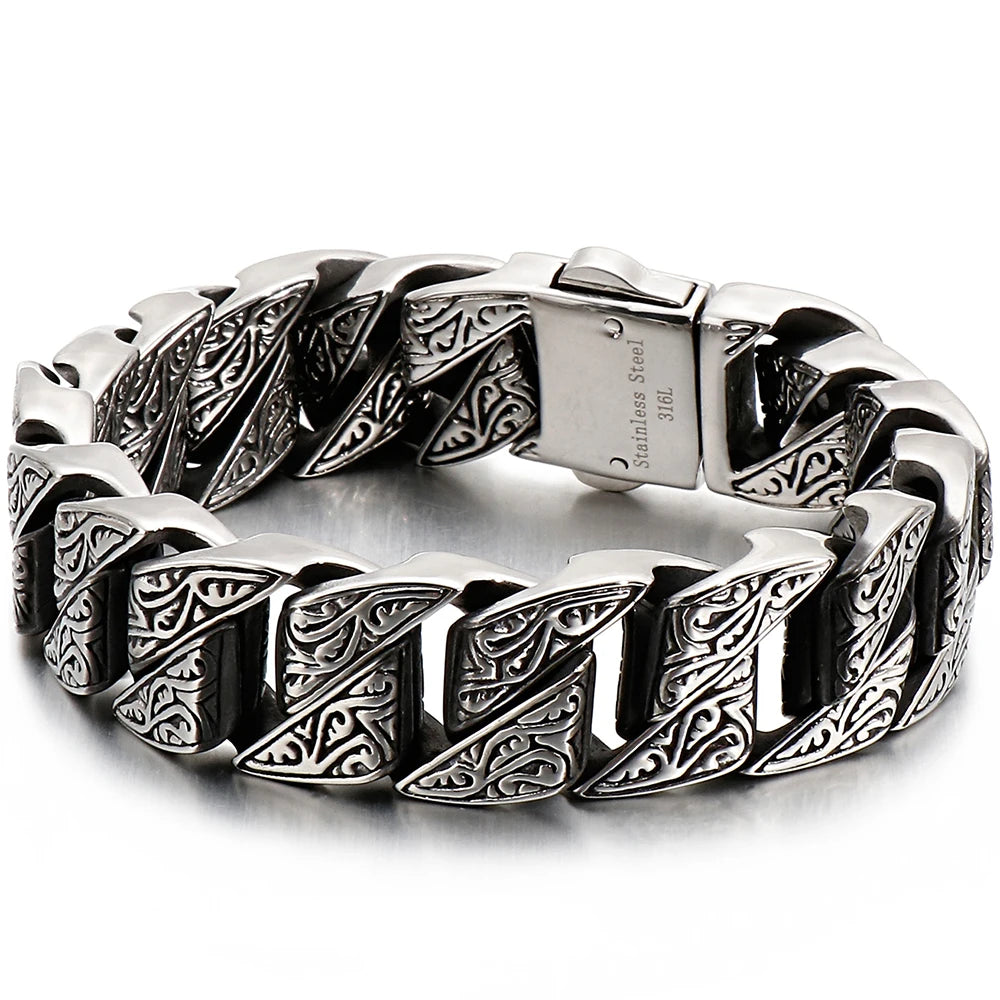 Heavy Stainless Steel Bracelet Men's Vintage Pattern Link Chain Hand Bracelets