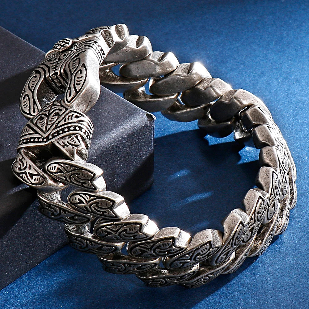 Heavy Stainless Steel Bracelet Men's Vintage Pattern Link Chain Hand Bracelets