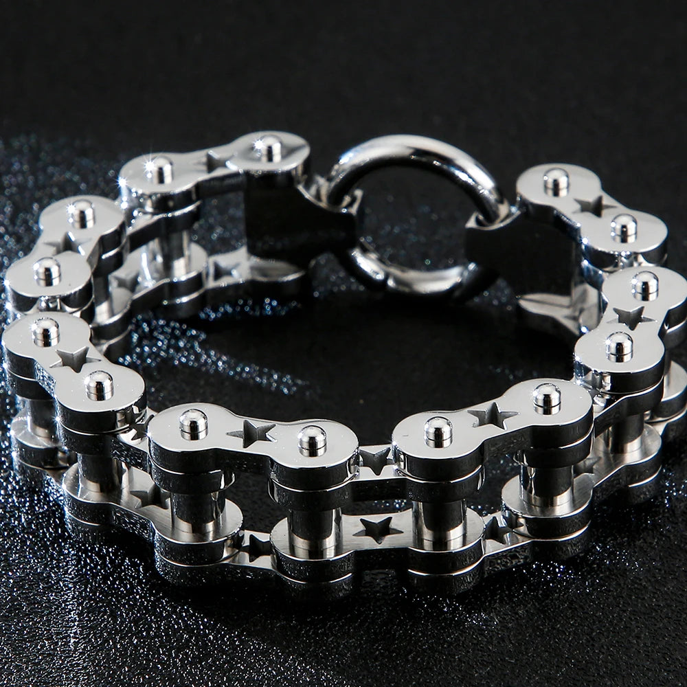 Sturdy Mens Motorcycle Chain Bracelet Stainless Steel Silver Polished