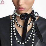 Heeda Kpop Vintage Bowknot Pearl Velvet Belt Necklace Women Joker