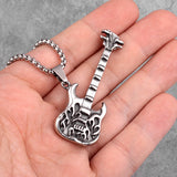 Rock Guitar Pendant Necklace Long Chain Stainless Steel