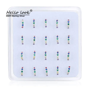20 Pcs 925 Sterling Silver Nose Rings&Studs Rainbow Cz Inlaid Zircon