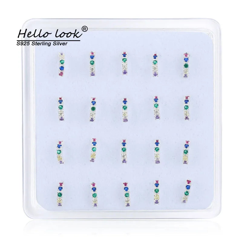 20 Pcs 925 Sterling Silver Nose Rings&Studs Rainbow Cz Inlaid Zircon