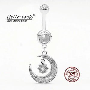 Moon Star Dangle Belly Ring 925 Silver Navel Piercing Women Body Jewelry