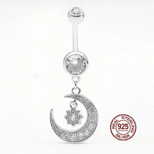 Moon Star Dangle Belly Ring 925 Silver Navel Piercing Women Body Jewelry