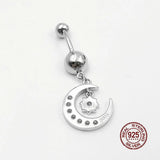 Moon Star Dangle Belly Ring 925 Silver Navel Piercing Women Body Jewelry