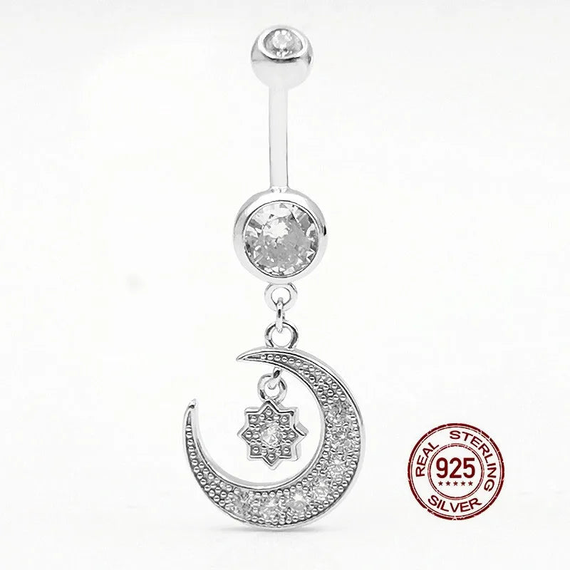 Moon Star Dangle Belly Ring 925 Silver Navel Piercing Women Body Jewelry