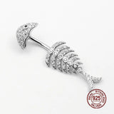 925 Silver Fishbone Belly Button Ring Zircon Navel Piercing