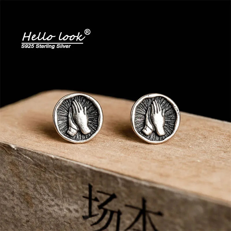 925 Silver Praying Hands Earring Punk Pray Blessing Stud Earrings