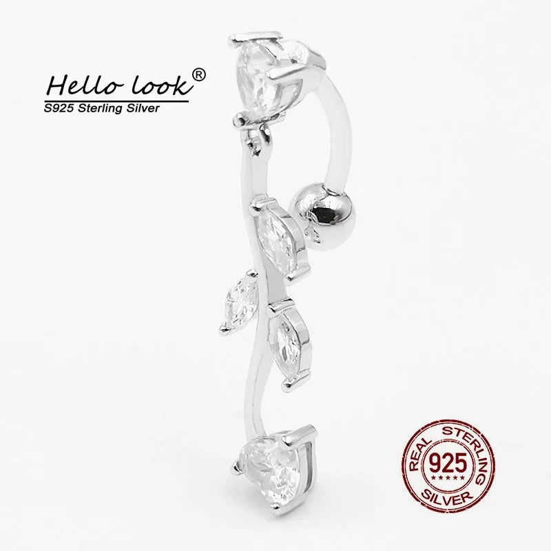 925 Silver Belly Buttton Ring Zircon Tree Leaf Navel Piercing Jewelry
