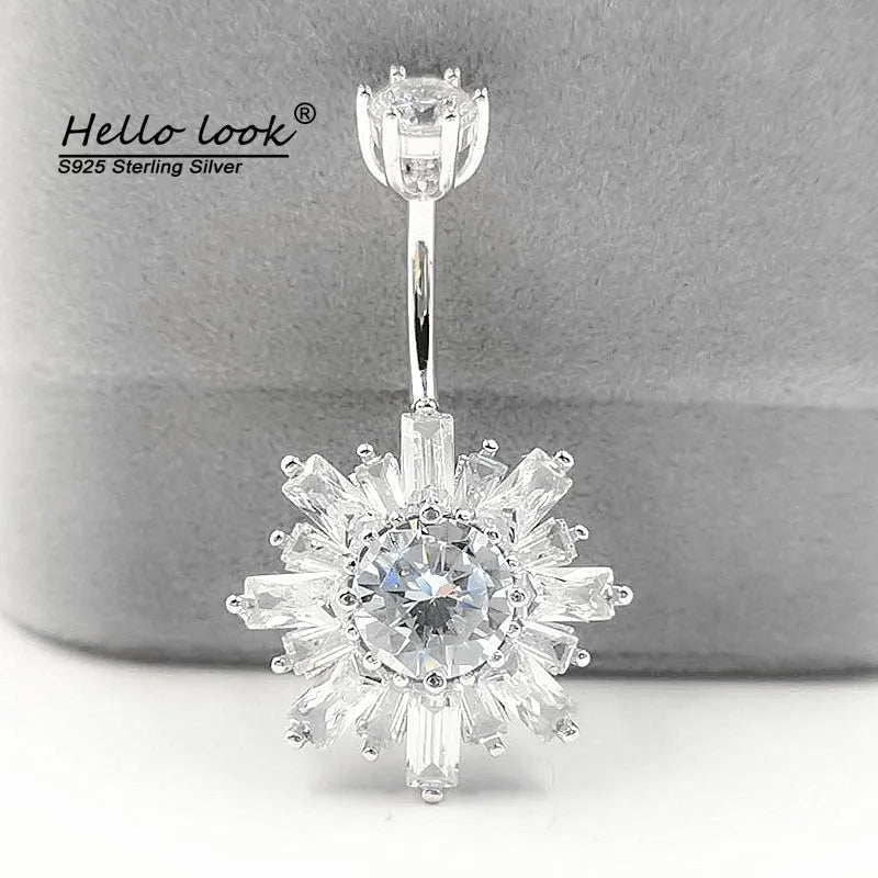 925 Silver Belly Piercing Flower CZ Navel Jewelry