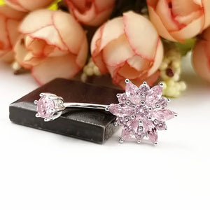 925 Silver Pink Flower CZ Navel Jewelry