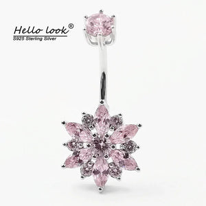 925 Silver Pink Flower CZ Navel Jewelry