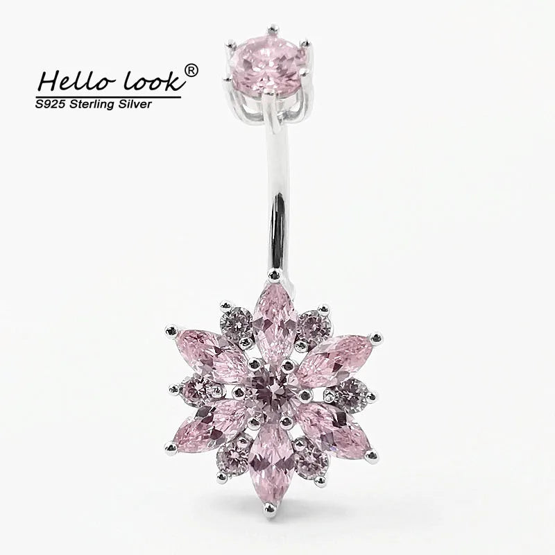 925 Silver Pink Flower CZ Navel Jewelry